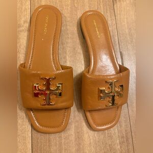 Tory Burch Brown Slide Sandals with Gold Logo